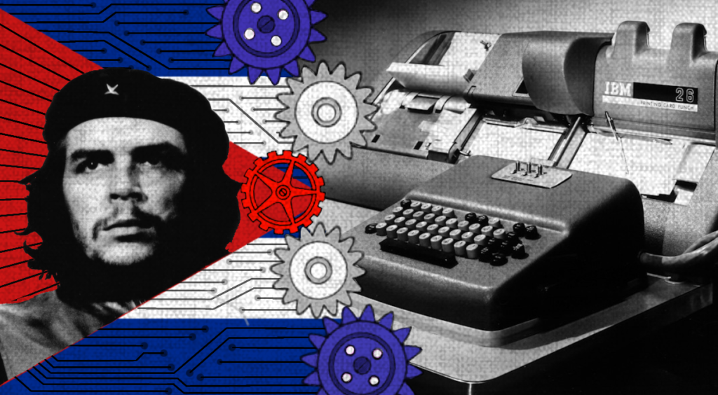 Bandera cubana con cara del Che y máquinas de computar