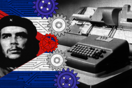 Bandera cubana con cara del Che y máquinas de computar